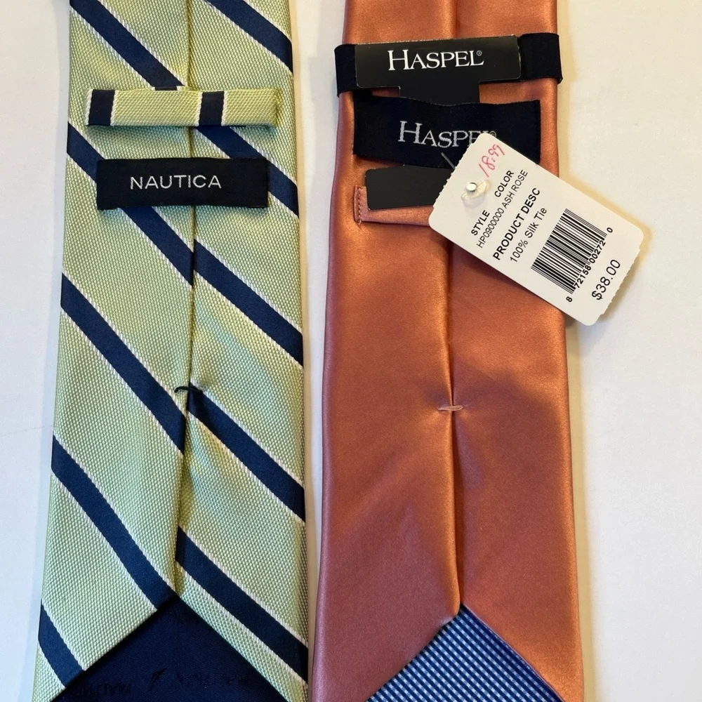 Nautica Green and Navy Striped Tie with Coral solid Tie.‎ Both silk